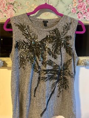 J. Crew Gray Palm-Print Sleeveless Tank with Sequin Detail
